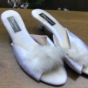 Vintage Boudoir Kitten Heel Ivory Poof Slippers